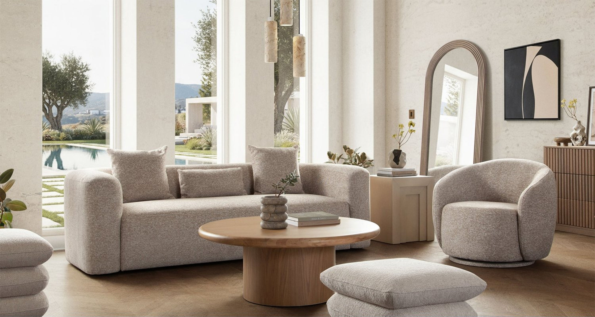 Olli Wheat Fabric Sofa & Swivel Chair Set