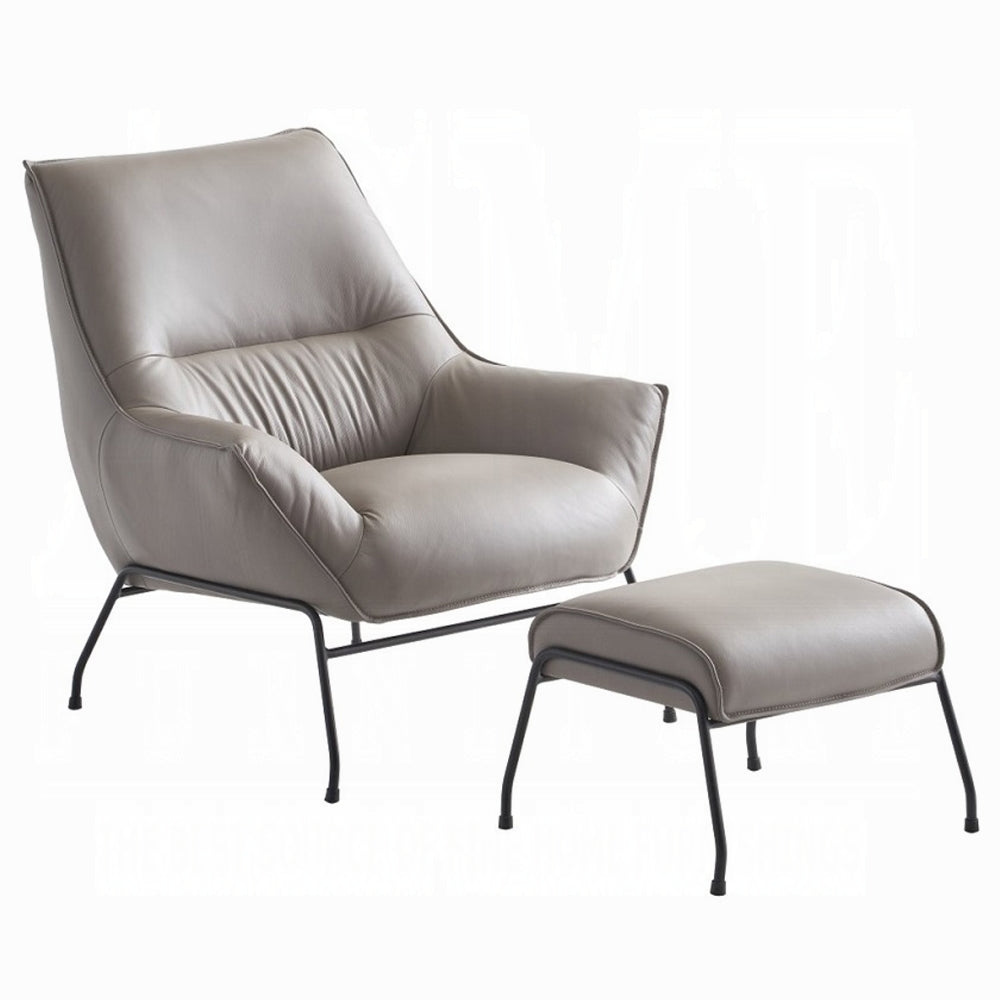Modern Khaki Top-Grain Leather Accent Chair & Ottoman Set