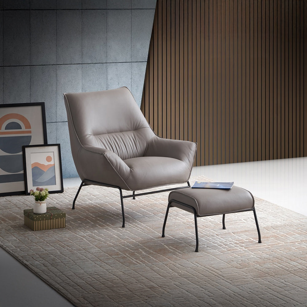 Modern Khaki Top-Grain Leather Accent Chair & Ottoman Set