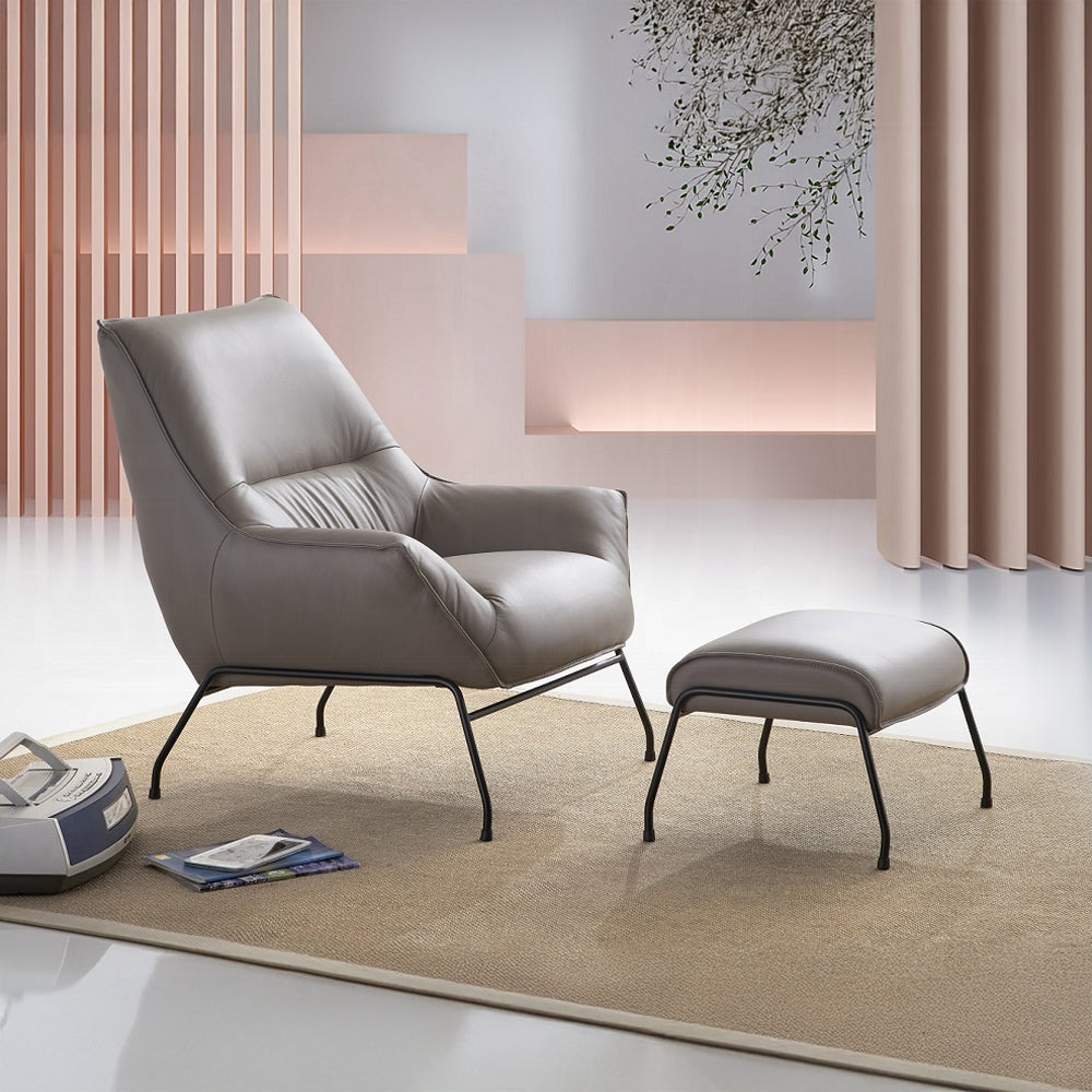 Modern Khaki Top-Grain Leather Accent Chair & Ottoman Set