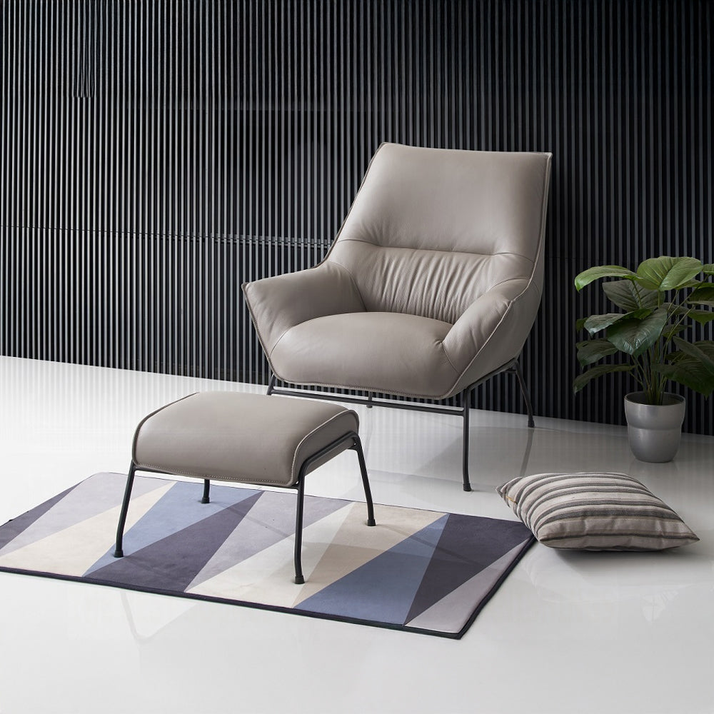 Modern Khaki Top-Grain Leather Accent Chair & Ottoman Set