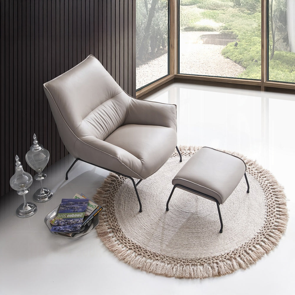 Modern Khaki Top-Grain Leather Accent Chair & Ottoman Set