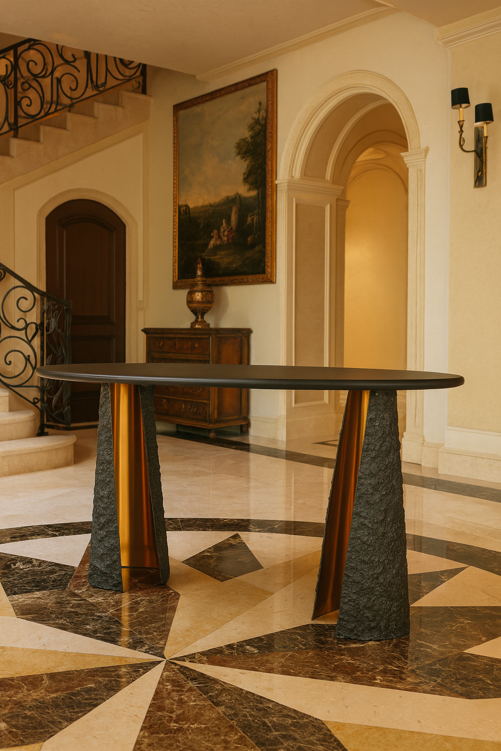 Sculptural Black Marble & Gold Stainless Steel Console Table