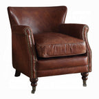 Vintage Dark Brown Top-Grain Leather Club Chair with Nailhead Trim & Casters