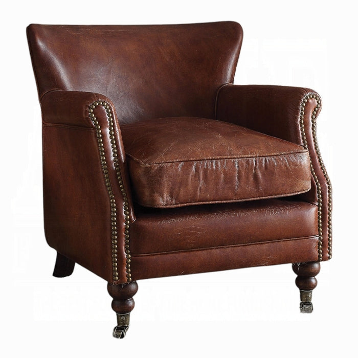 Vintage Dark Brown Top-Grain Leather Club Chair with Nailhead Trim & Casters