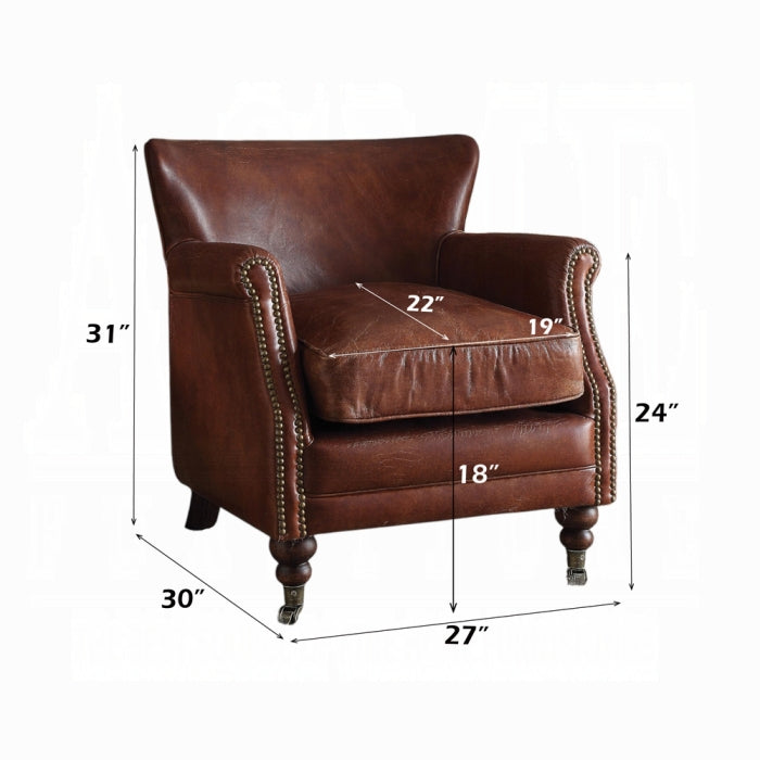 Vintage Dark Brown Top-Grain Leather Club Chair with Nailhead Trim & Casters
