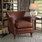 Vintage Dark Brown Top-Grain Leather Club Chair with Nailhead Trim & Casters