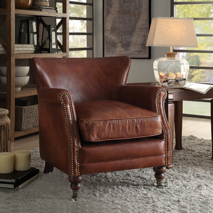 Vintage Dark Brown Top-Grain Leather Club Chair with Nailhead Trim & Casters