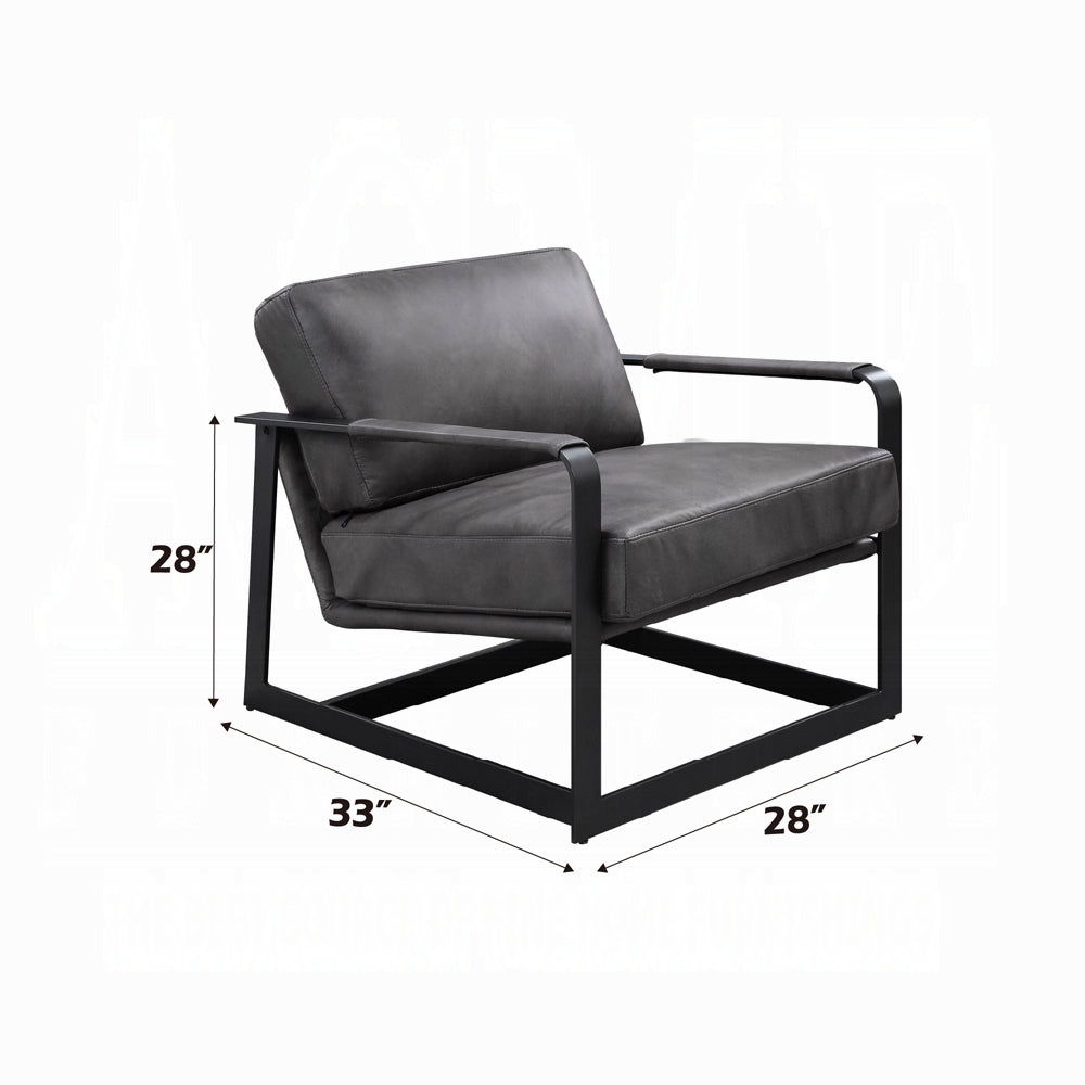 Gray Top-Grain Leather Accent Chair with Black Metal Frame