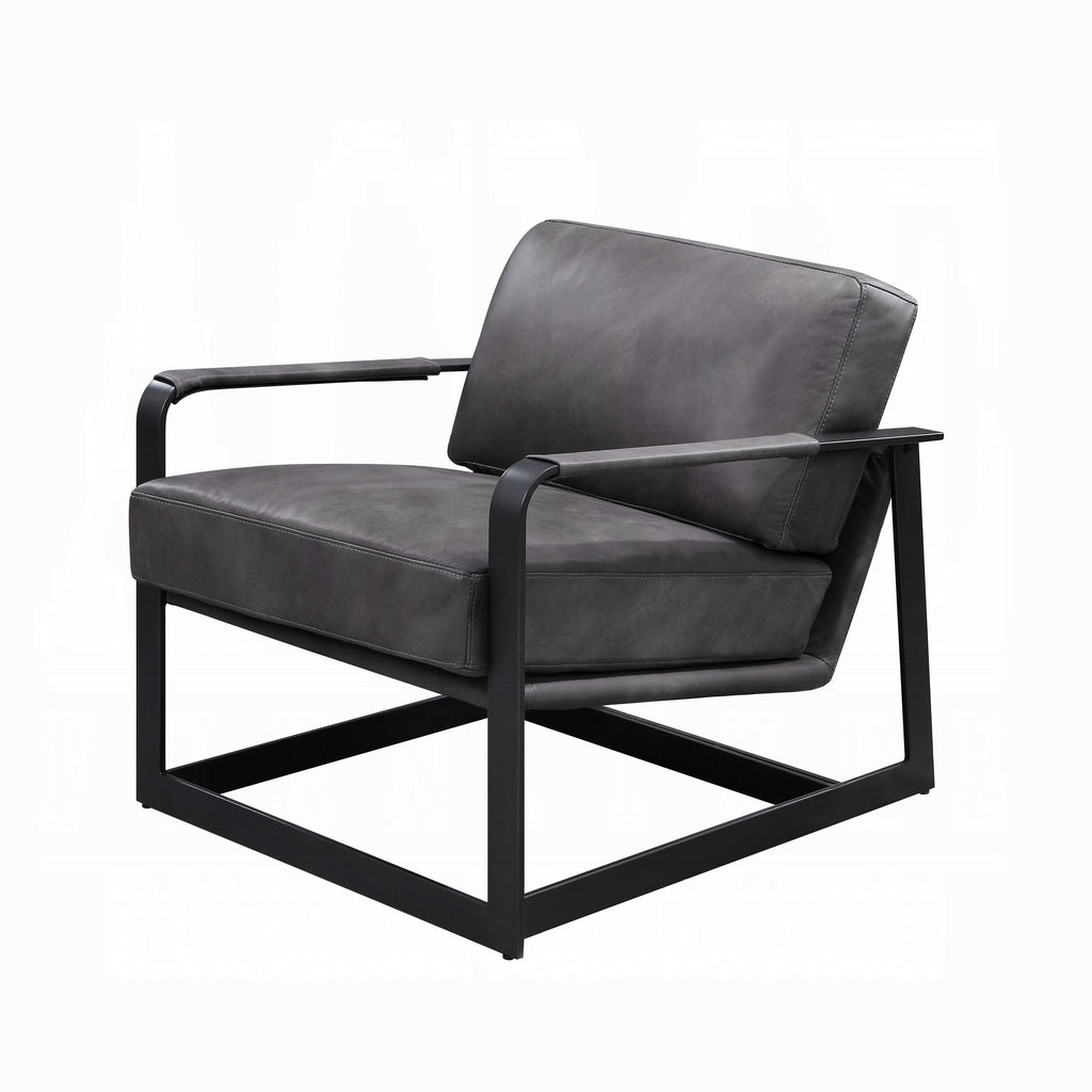 Gray Top-Grain Leather Accent Chair with Black Metal Frame