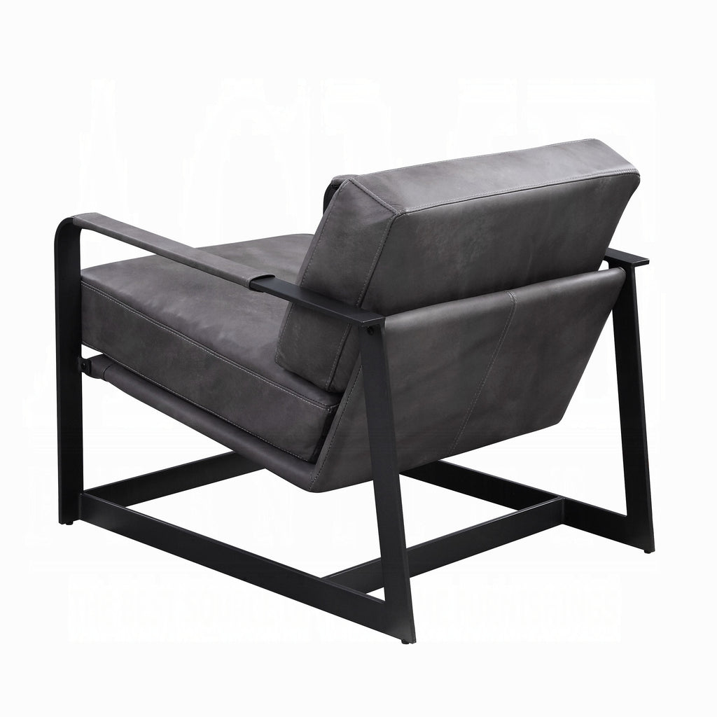 Gray Top-Grain Leather Accent Chair with Black Metal Frame