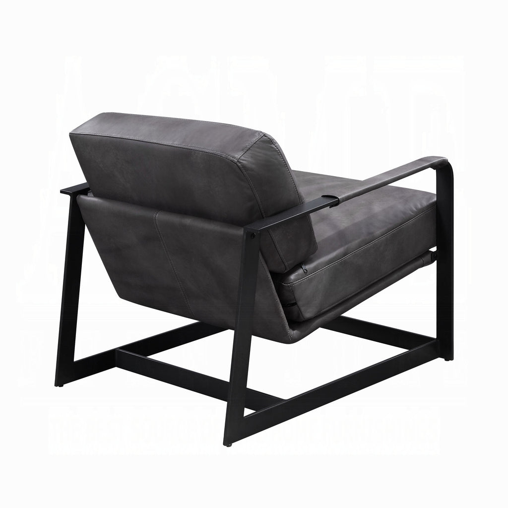 Gray Top-Grain Leather Accent Chair with Black Metal Frame
