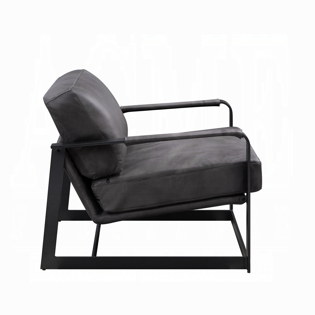 Gray Top-Grain Leather Accent Chair with Black Metal Frame