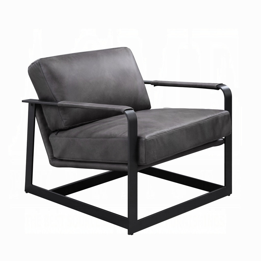 Gray Top-Grain Leather Accent Chair with Black Metal Frame
