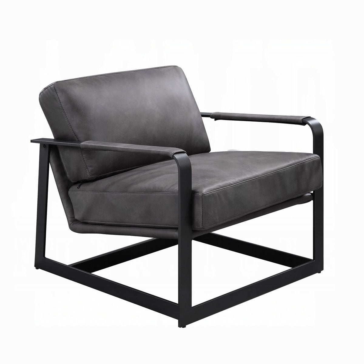Gray Top-Grain Leather Accent Chair with Black Metal Frame
