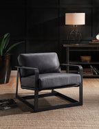 Gray Top-Grain Leather Accent Chair with Black Metal Frame