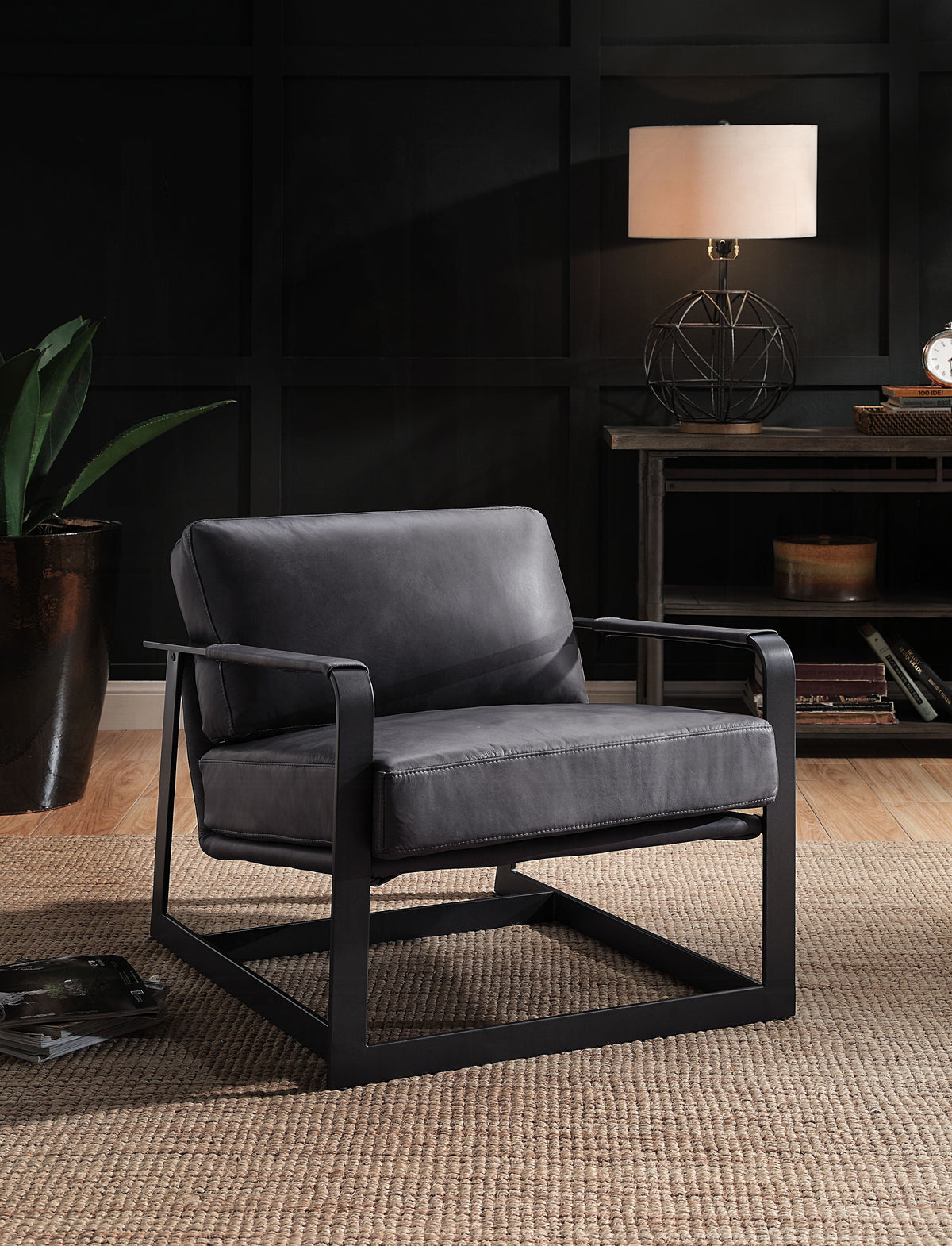 Gray Top-Grain Leather Accent Chair with Black Metal Frame