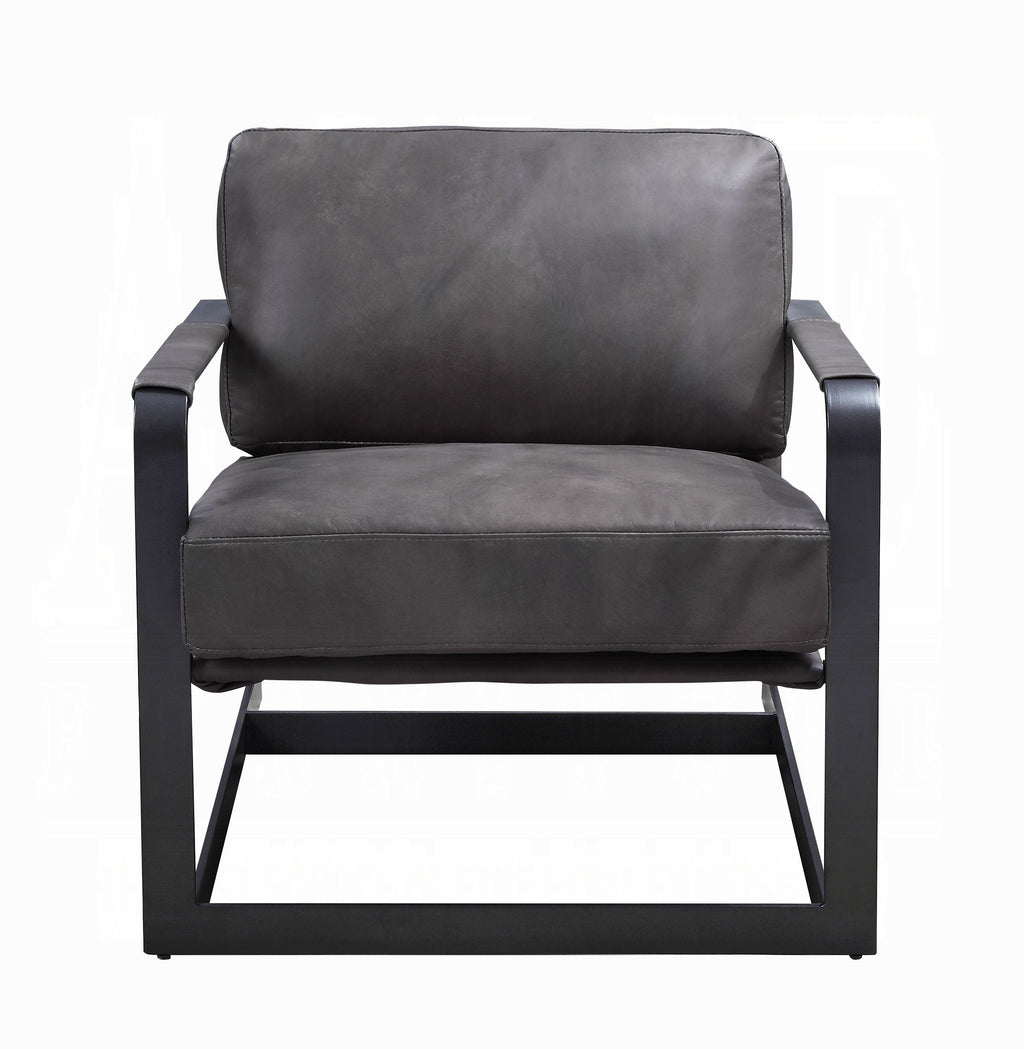Gray Top-Grain Leather Accent Chair with Black Metal Frame