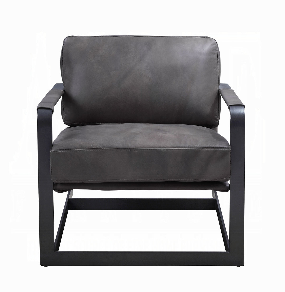 Gray Top-Grain Leather Accent Chair with Black Metal Frame