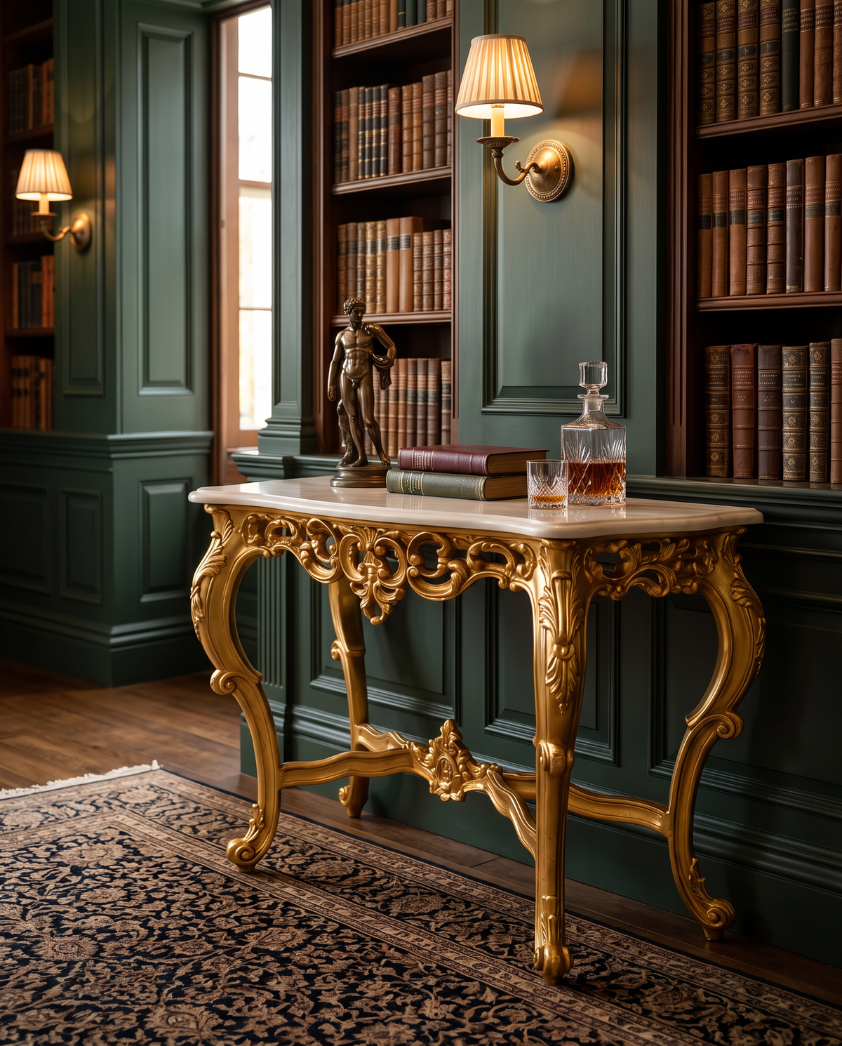 Louis XV Gold Console Table with White Marble Top