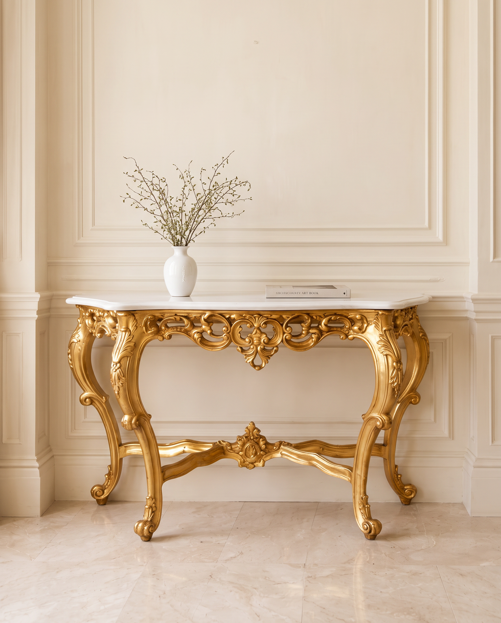 Louis XV Gold Console Table with White Marble Top