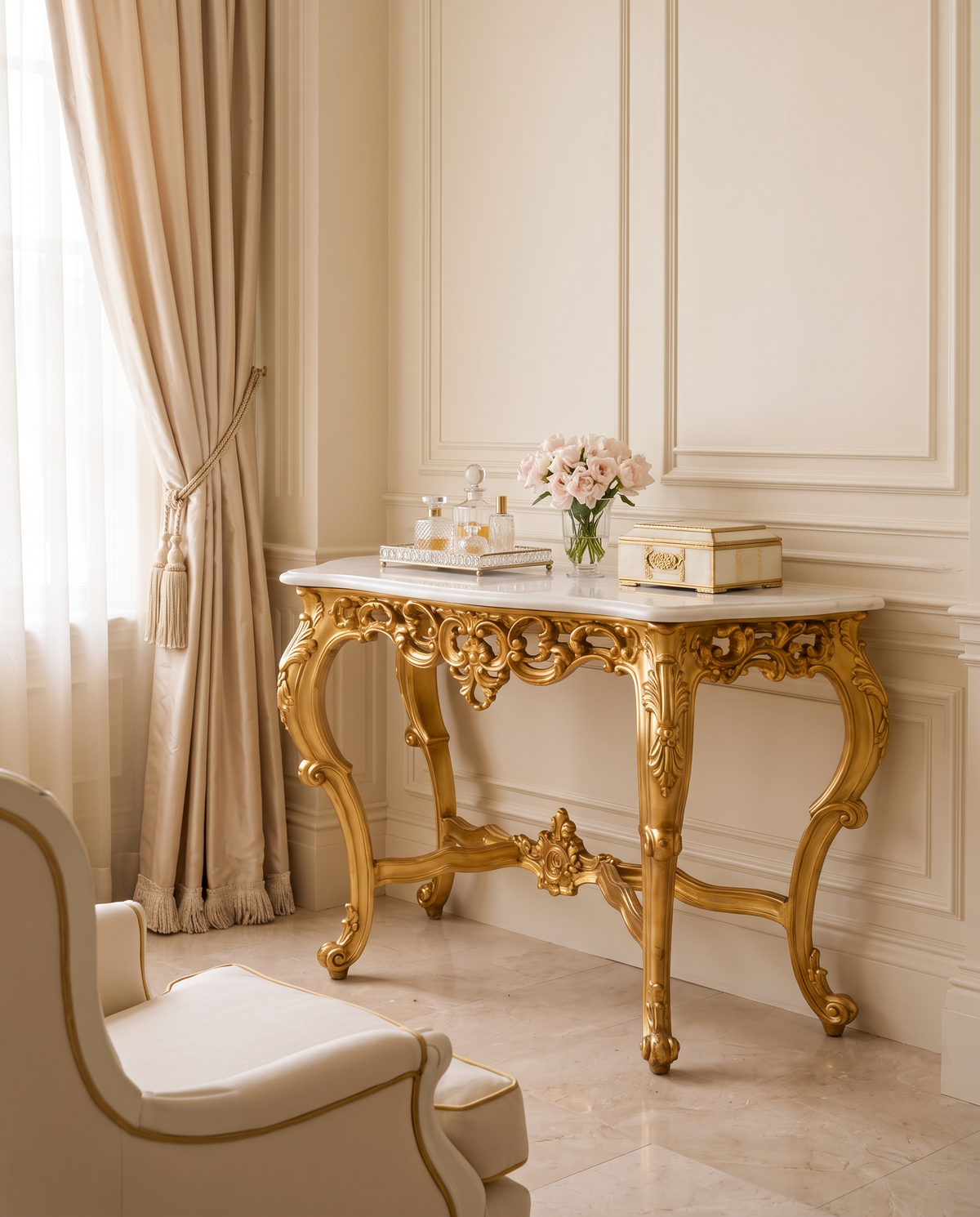Louis XV Gold Console Table with White Marble Top