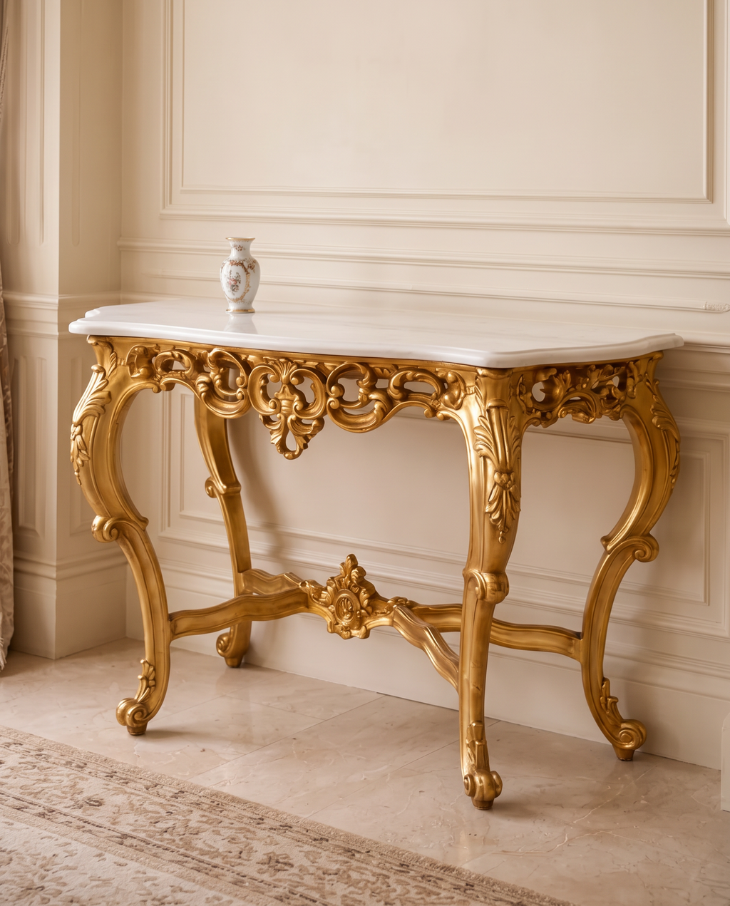 Louis XV Gold Console Table with White Marble Top