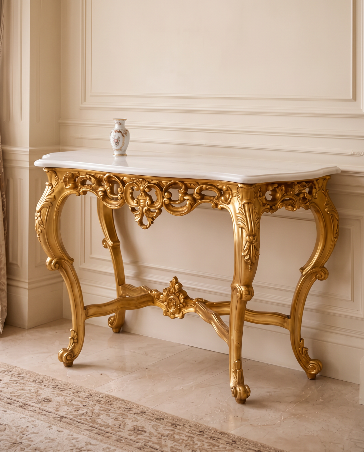 Louis XV Gold Console Table with White Marble Top