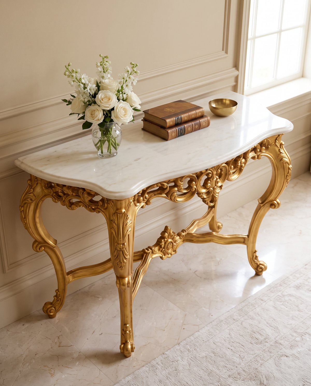 Louis XV Gold Console Table with White Marble Top