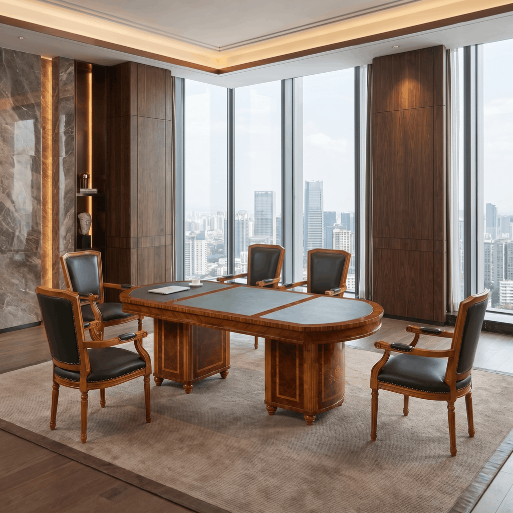 Luxury Boardroom Table – Solid Wood with Green Leather Top