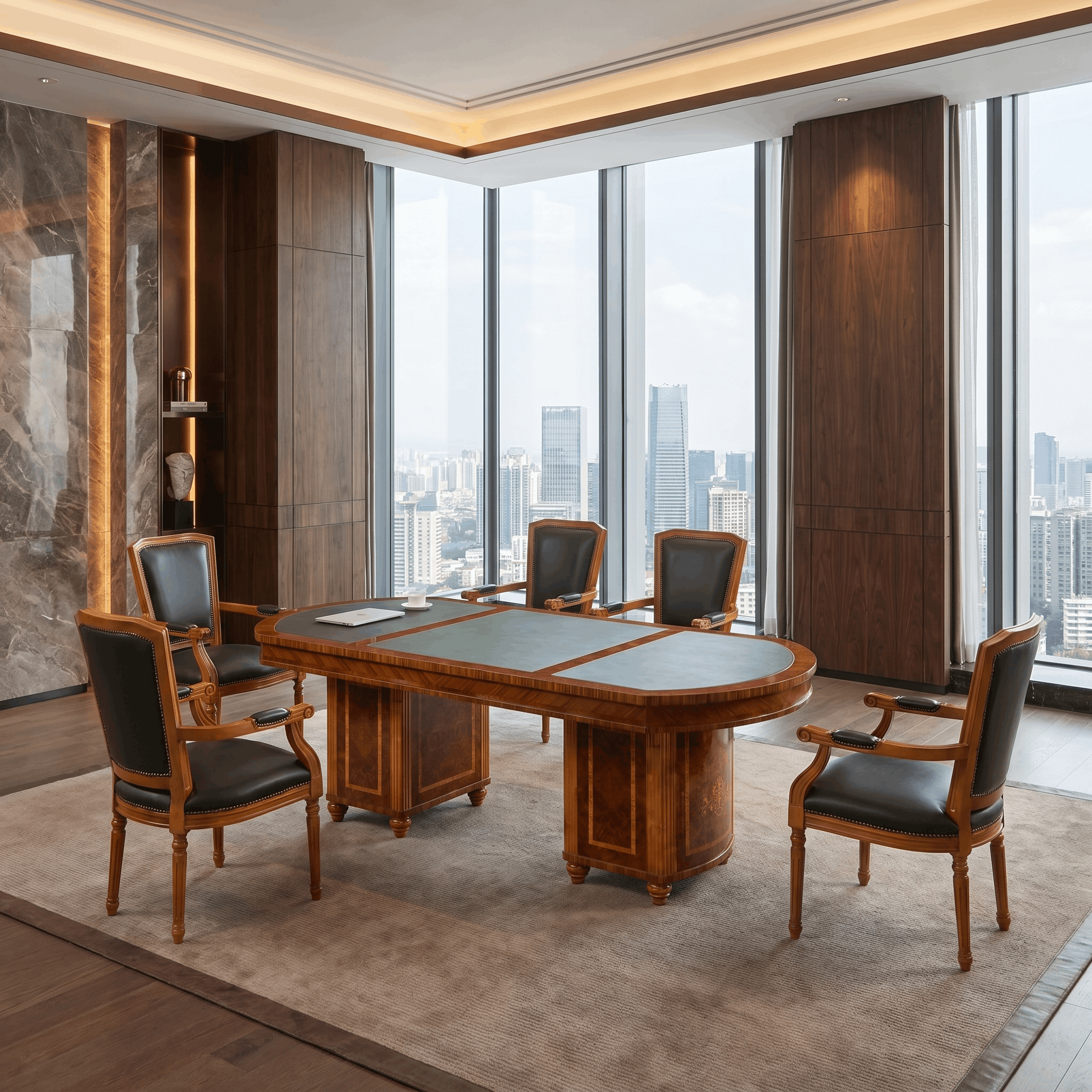 Luxury Boardroom Table – Solid Wood with Green Leather Top