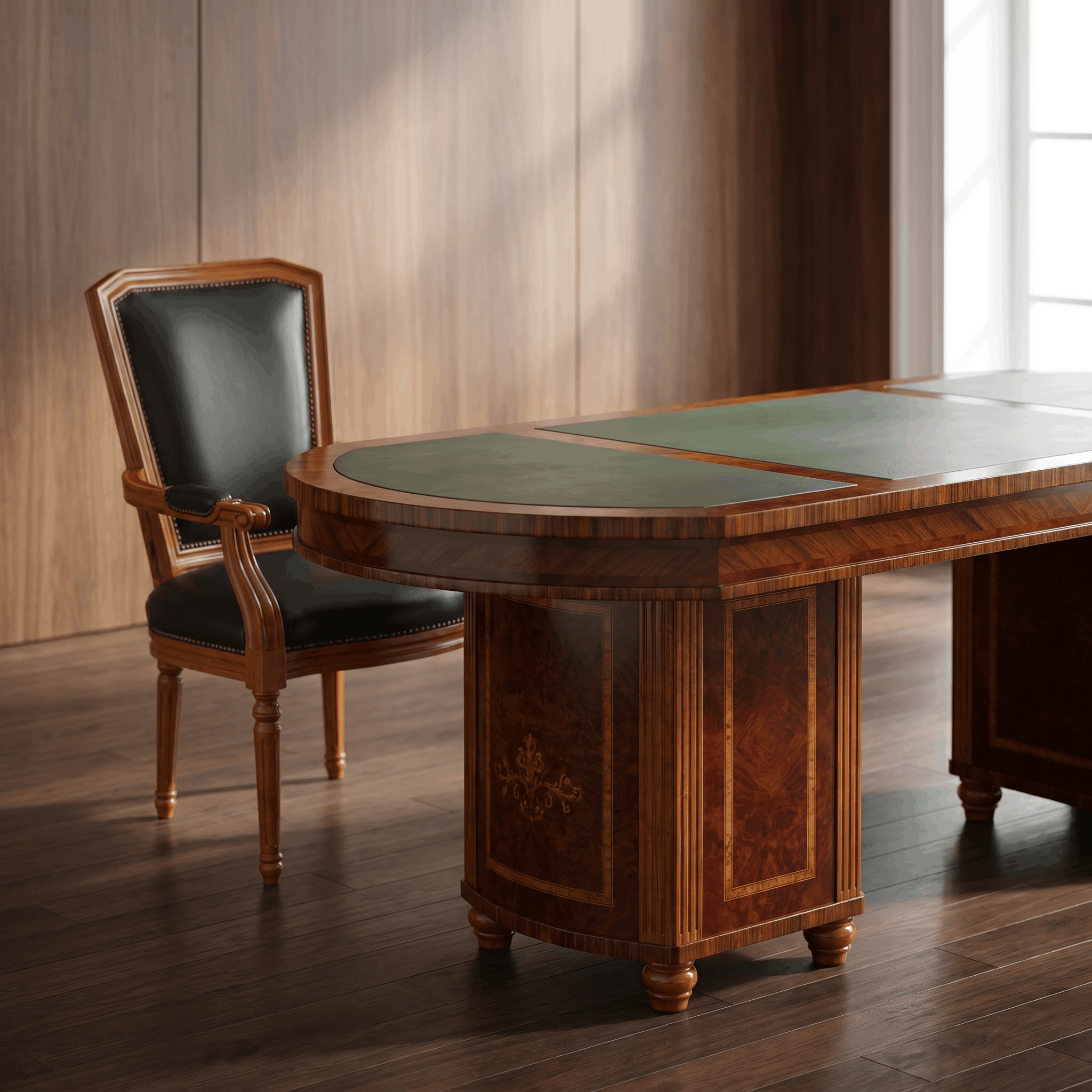 Luxury Boardroom Table – Solid Wood with Green Leather Top