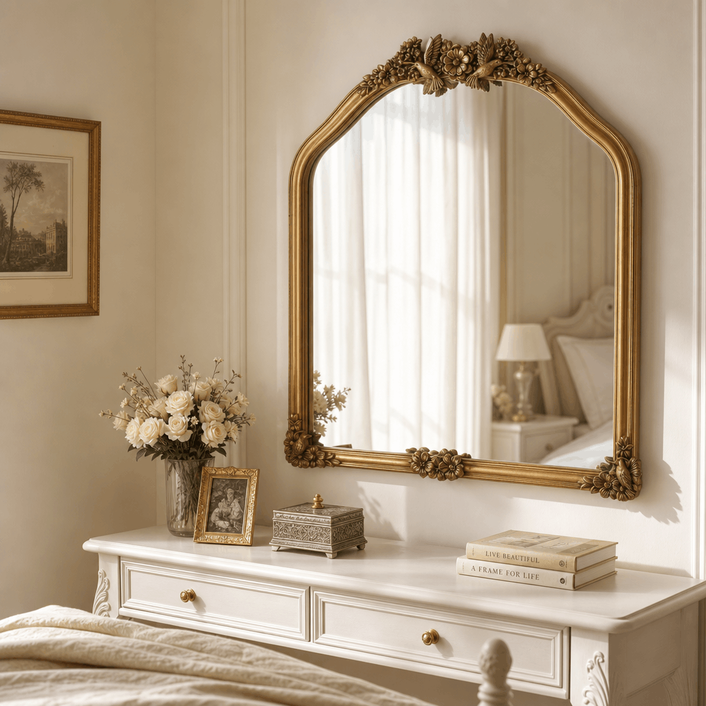 Luxury Gold Arched Mirror with Ornate Floral Detailing