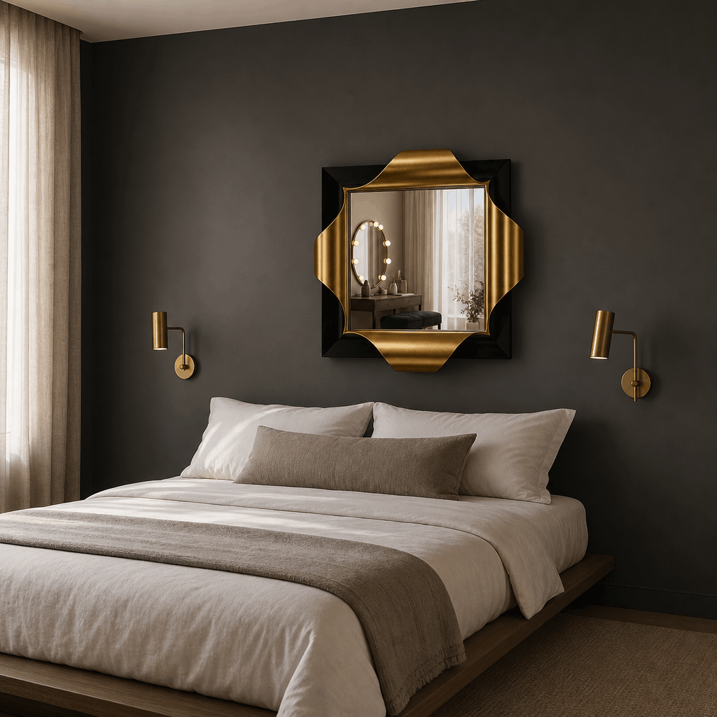 Luxury Square Wall Mirror With Gold Ribbon Accents