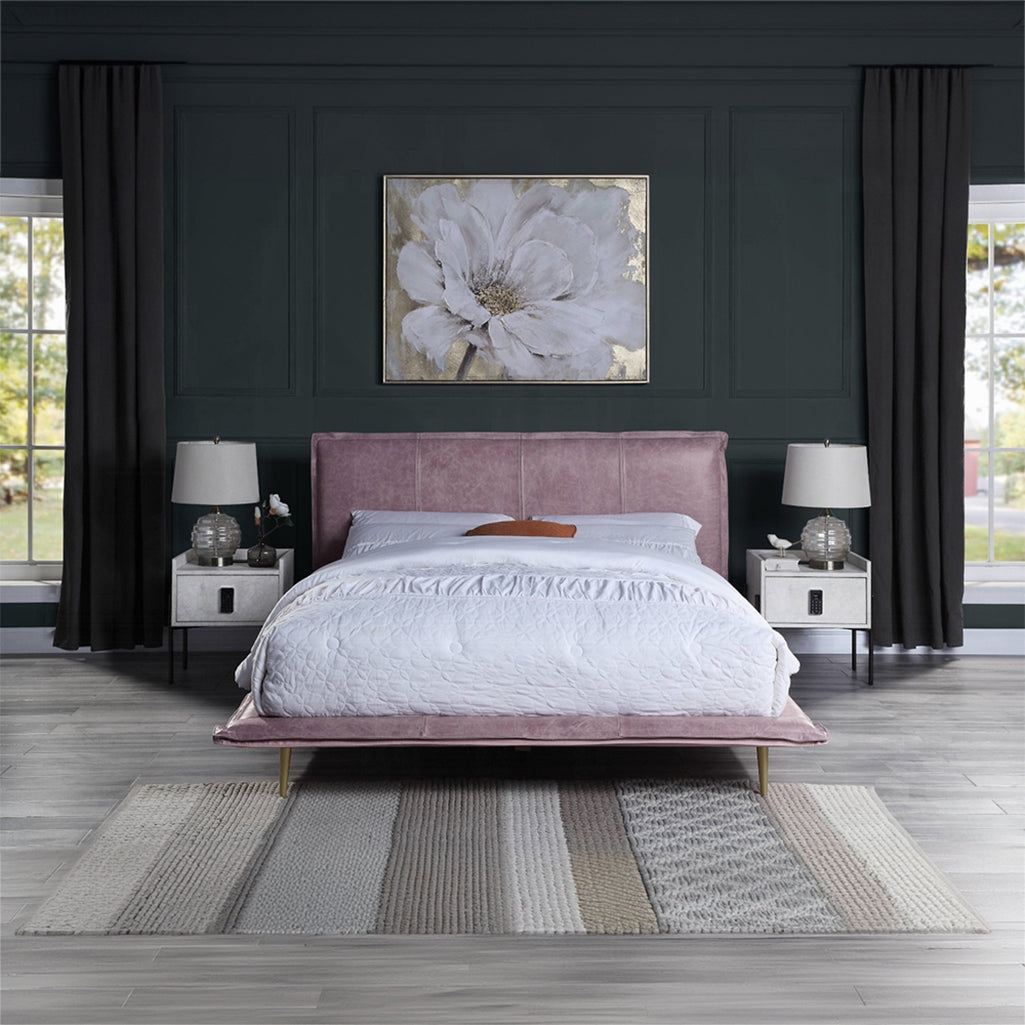 Rosalie Blush Pink Top-Grain Leather Platform Bed – Queen & King