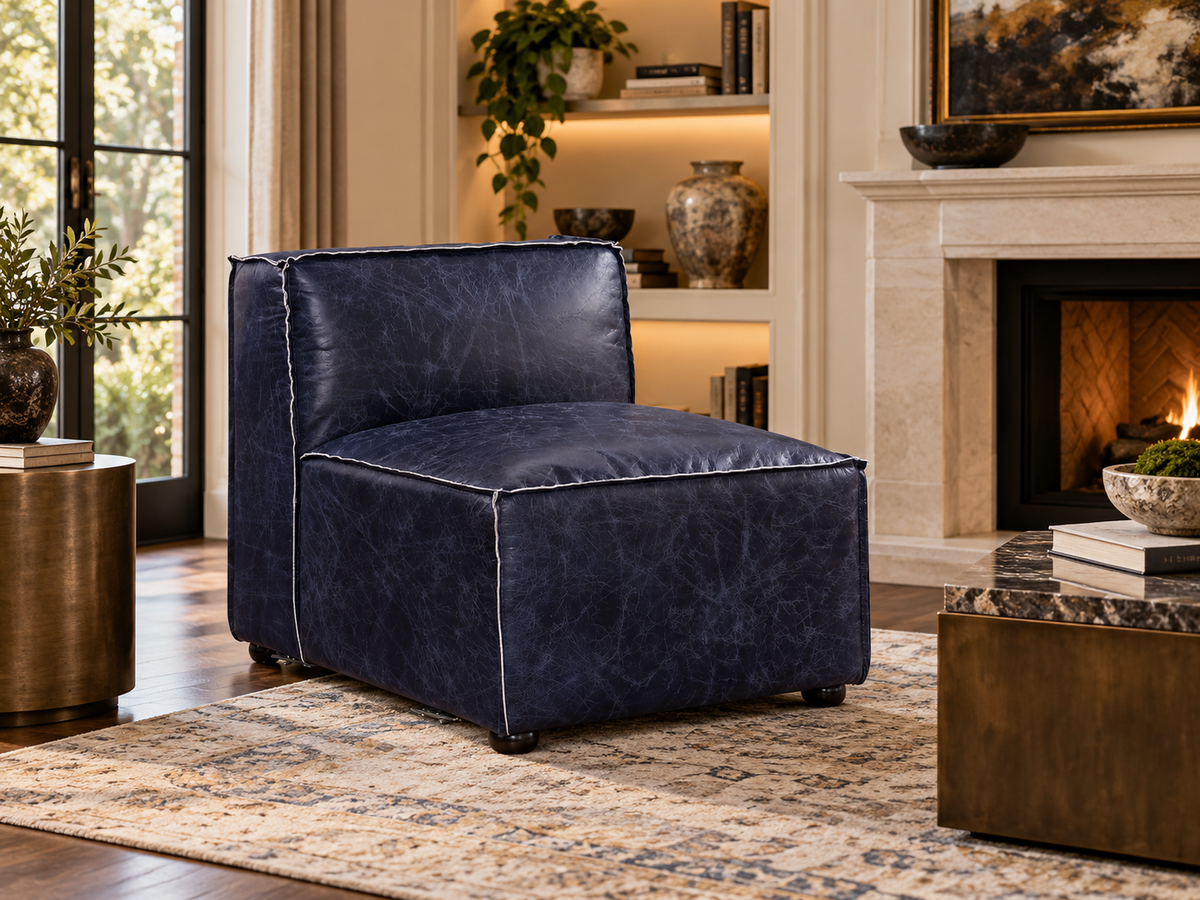 Vintage Blue Top-Grain Leather Office / Accent Chair – Modern Luxury Design