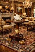 Regal Carved Pedestal Round End Table – Brown & Antique Gold
