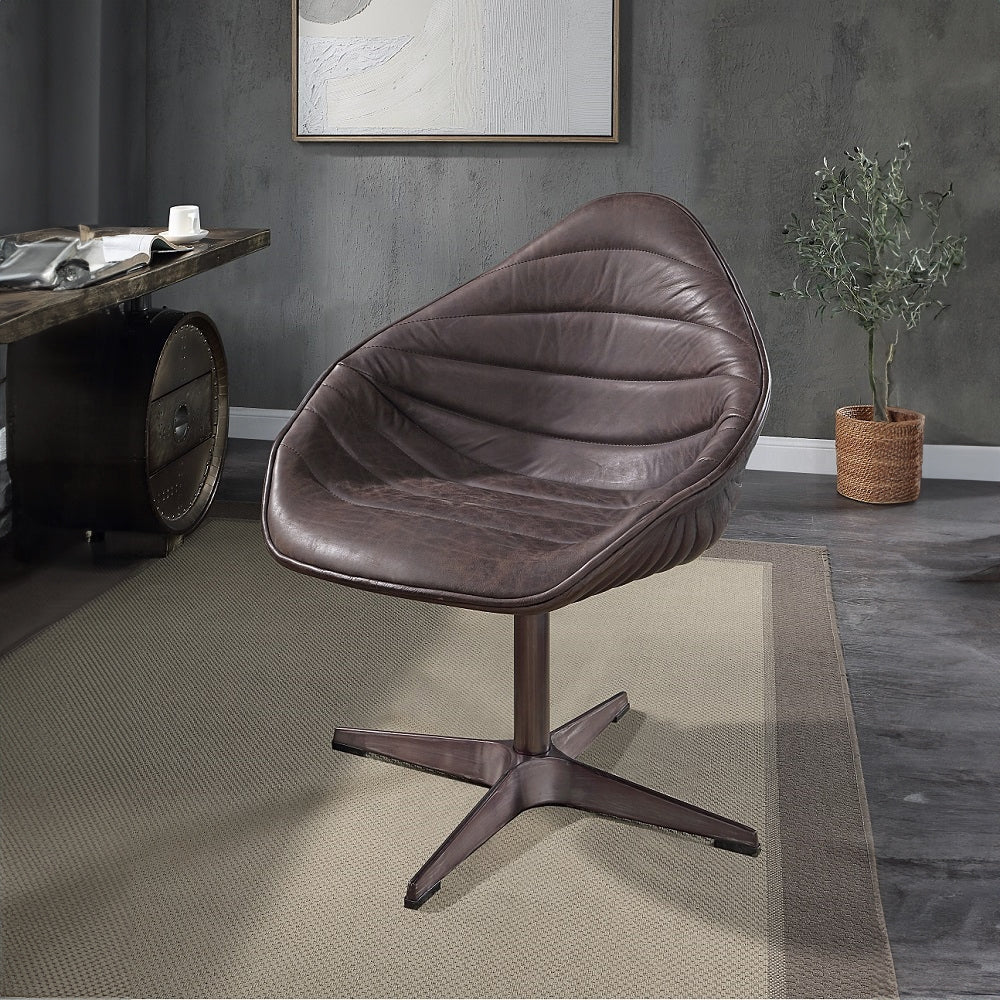 Antique Ebony Top Grain Leather Swivel Accent Chair