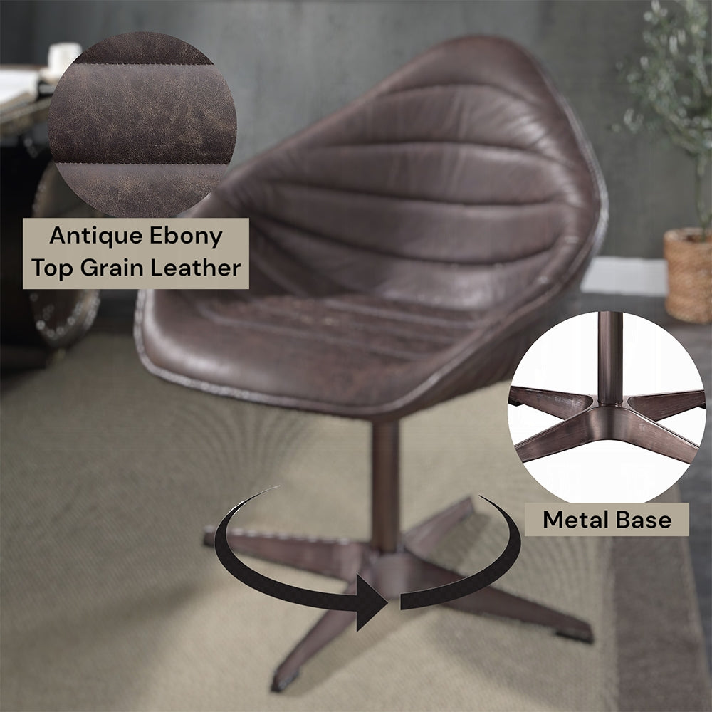 Antique Ebony Top Grain Leather Swivel Accent Chair