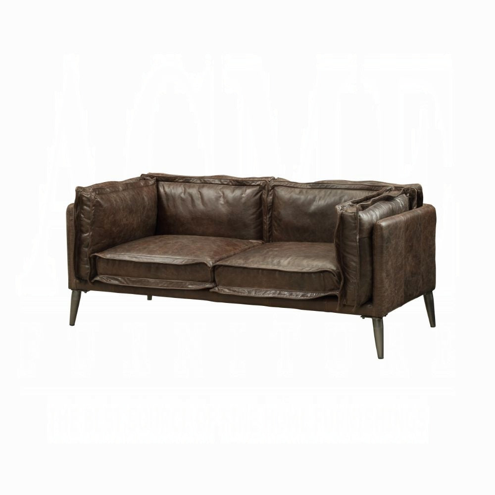 Distressed Chocolate Top-Grain Leather Loveseat — Vintage-Inspired Modern Design