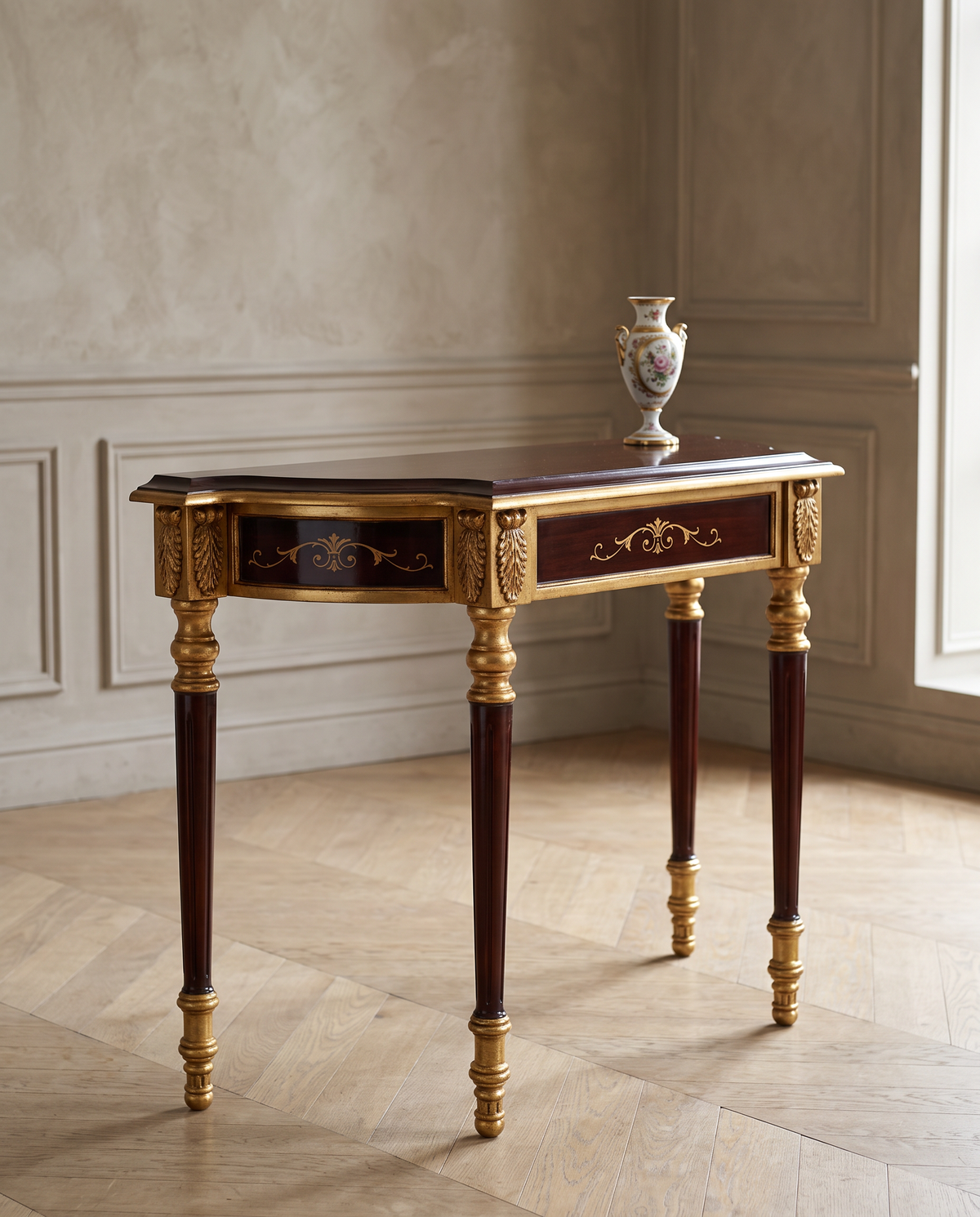 Regency Carved Brown & Gold Console Table with Drawer