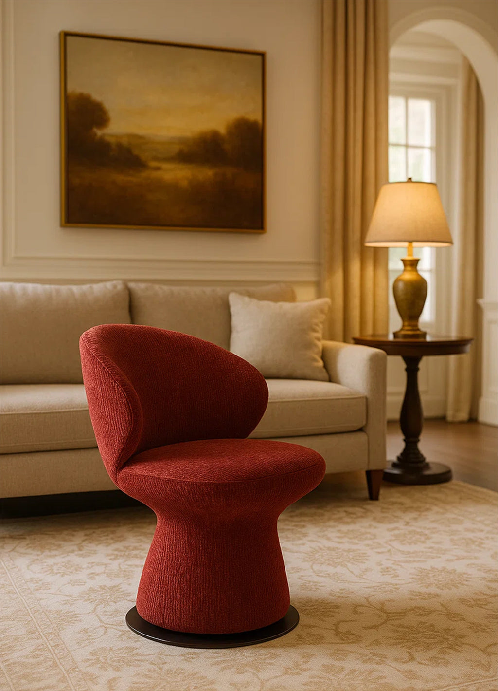 Sculptural Swivel Accent Chair In Luxe Crimson Chenille