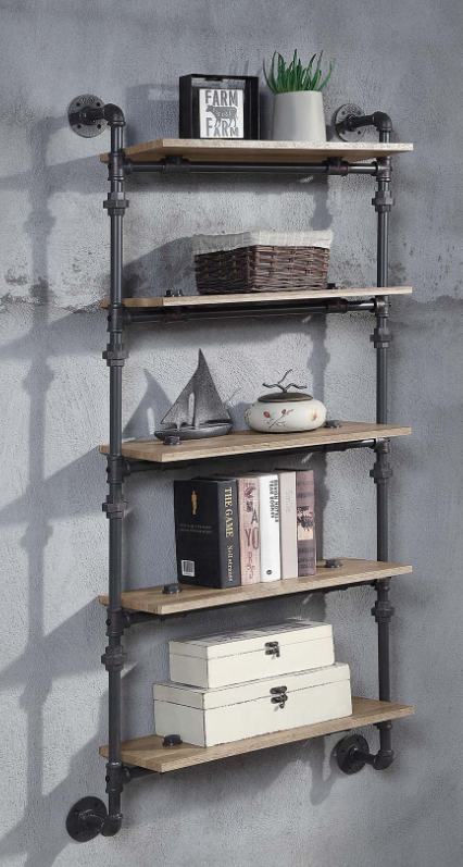 Ashford Industrial 5-Tier Oak & Black Metal Wall Shelf