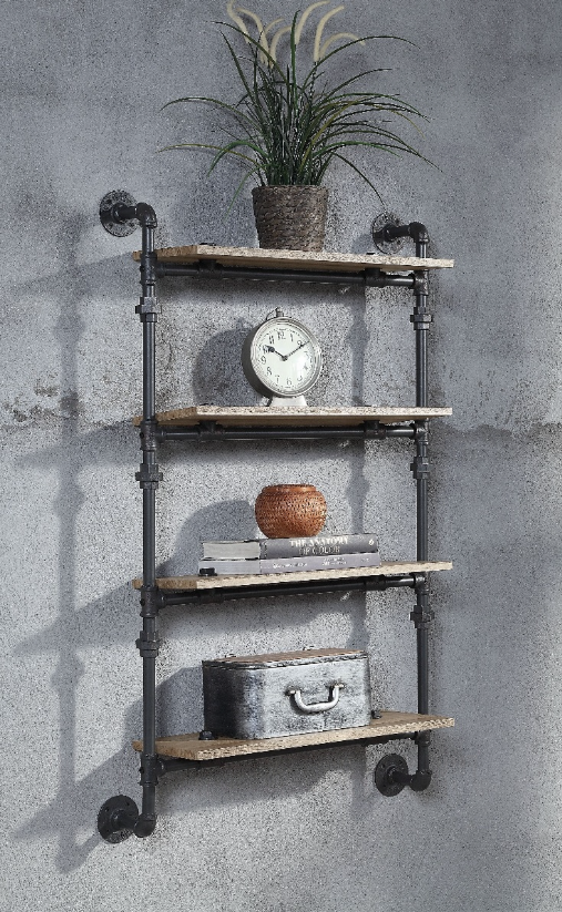Ashford Industrial 4-Tier Oak & Black Metal Wall Shelf