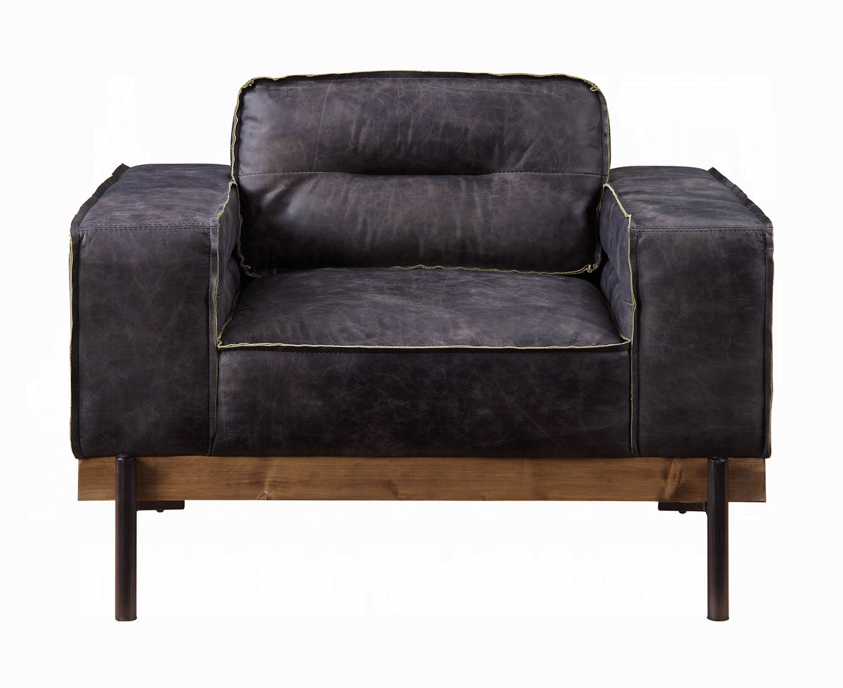 Antique Ebony Top-Grain Leather Lounge Chair with Wood & Metal Frame