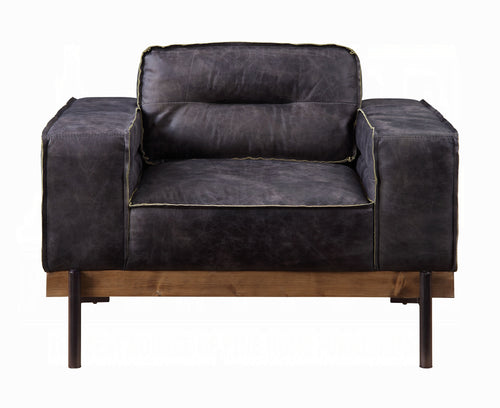 Antique Ebony Top-Grain Leather Lounge Chair with Wood & Metal Frame