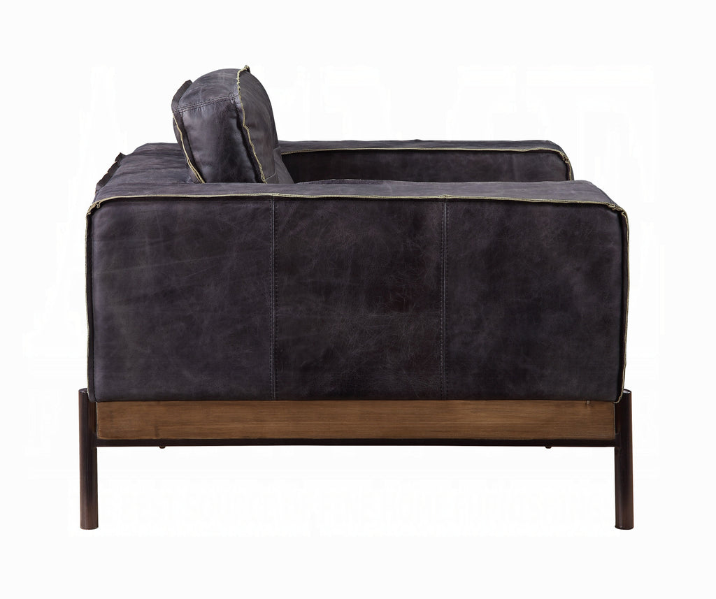 Antique Ebony Top-Grain Leather Lounge Chair with Wood & Metal Frame