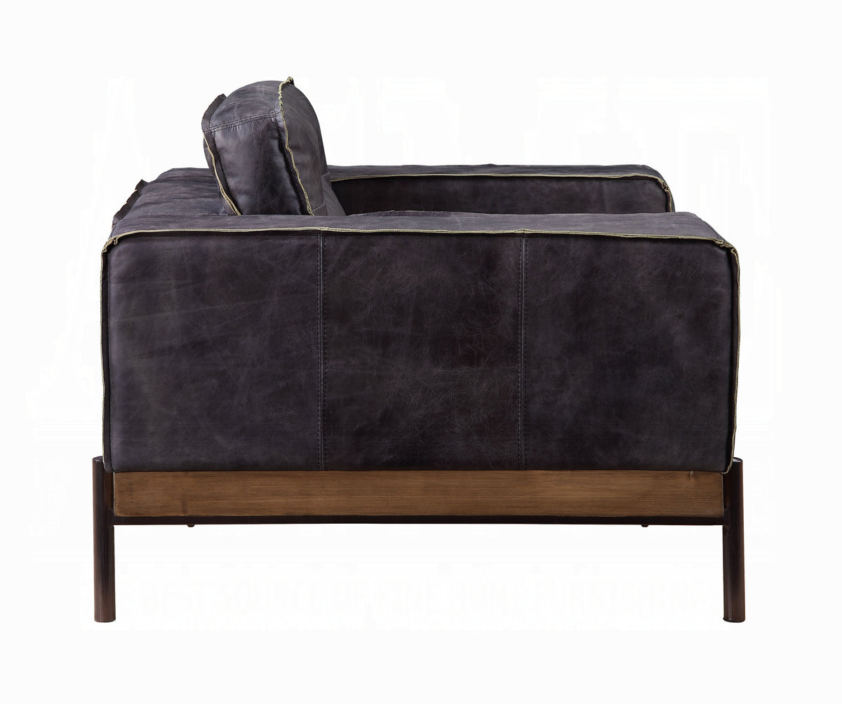 Antique Ebony Top-Grain Leather Lounge Chair with Wood & Metal Frame