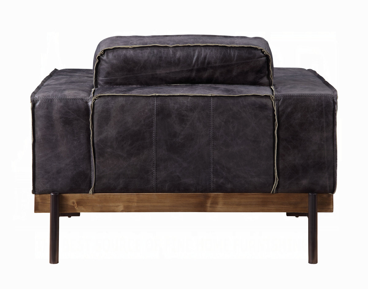 Antique Ebony Top-Grain Leather Lounge Chair with Wood & Metal Frame