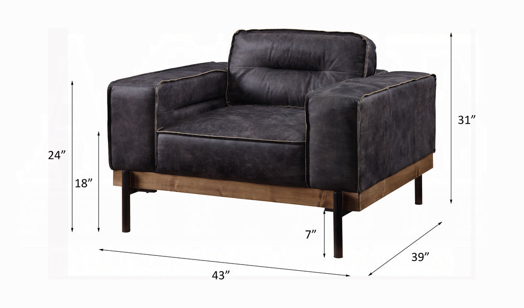 Antique Ebony Top-Grain Leather Lounge Chair with Wood & Metal Frame